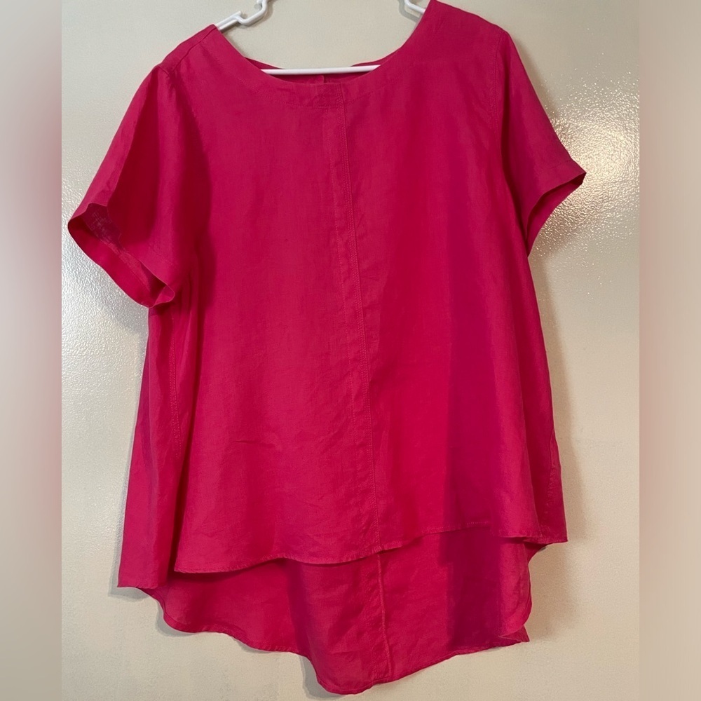 Women’s FOIL 100% Linen too high low size 12 button back mature sustainable